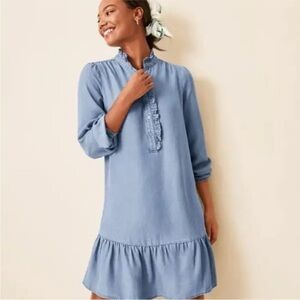 LOFT Chambray Ruffle Long Sleeve Dress